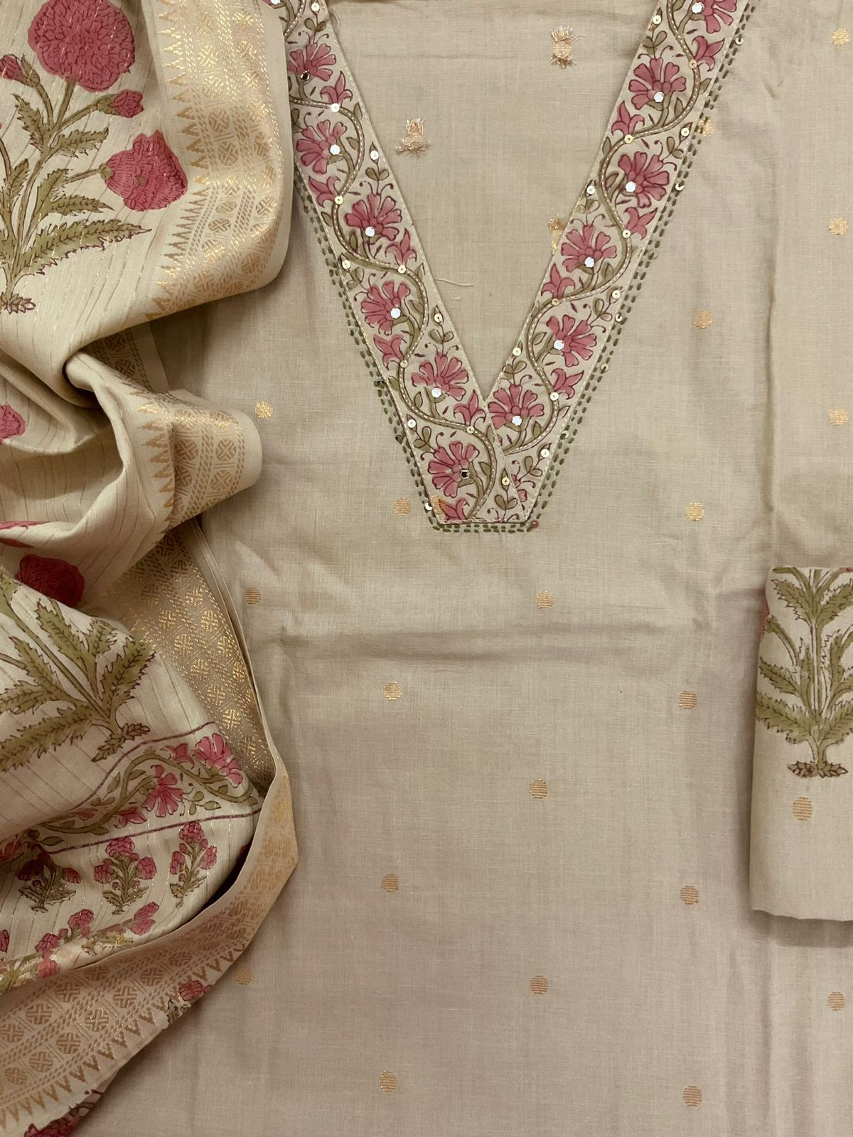 Pure Cotton Printed Embroidered Self Weaved Suit - Beige