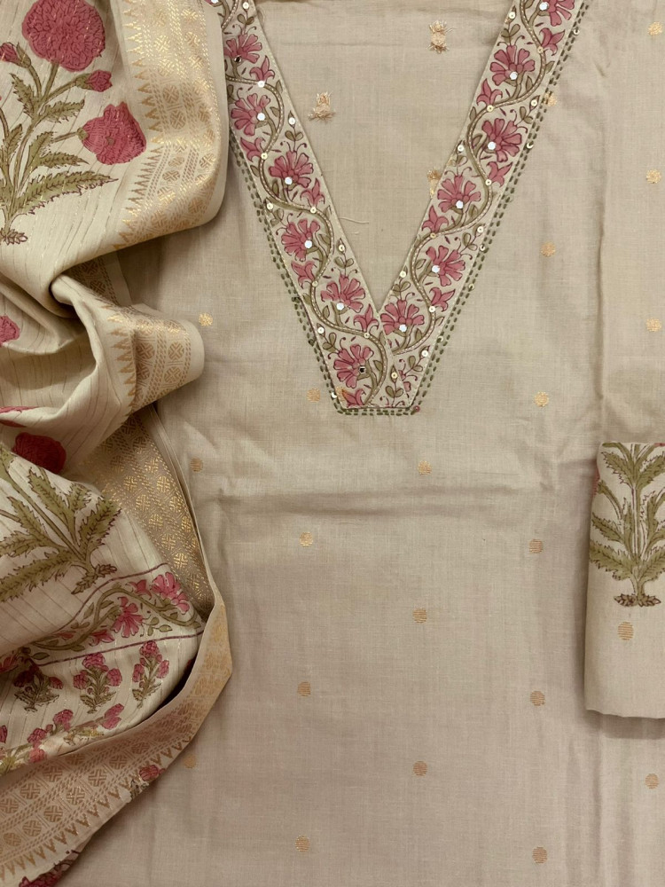 Image of Pure Cotton Printed Embroidered Self Weaved Suit - Beige