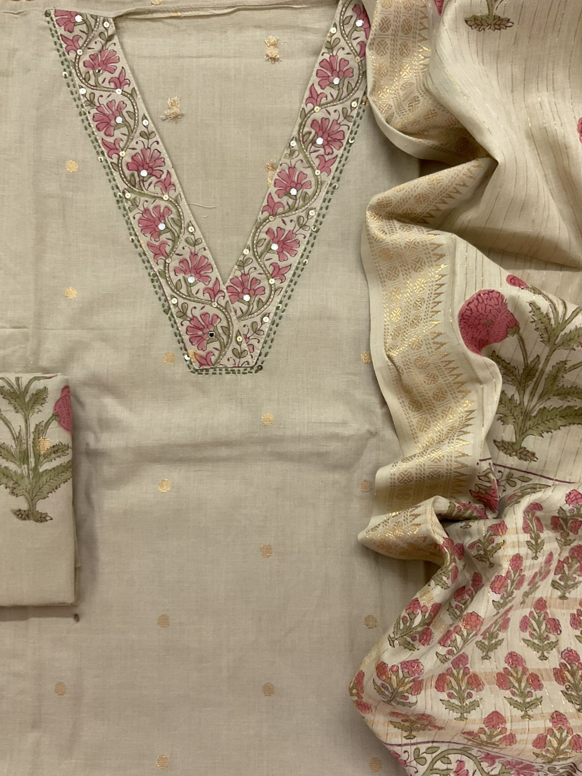 Pure Cotton Printed Embroidered Self Weaved Suit - Beige