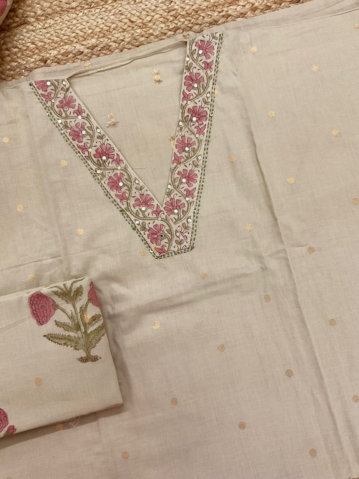 Pure Cotton Printed Embroidered Self Weaved Suit - Beige