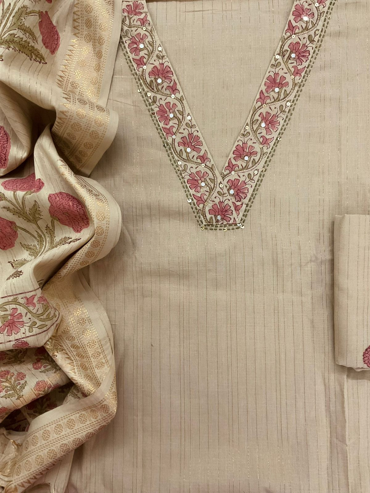 Pure Cotton Printed Embroidered Self Weaved Suit - Beige