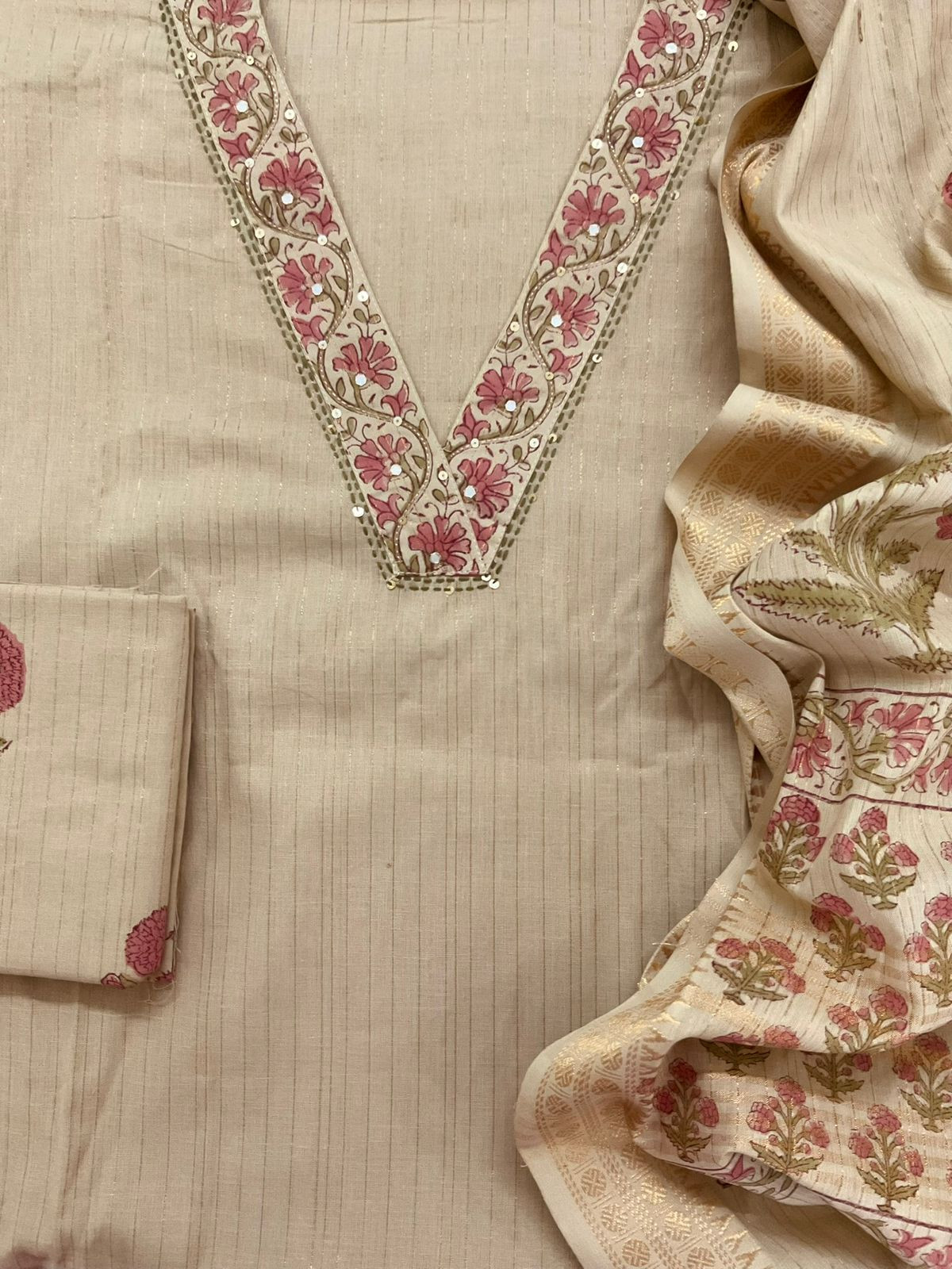 Pure Cotton Printed Embroidered Self Weaved Suit - Beige