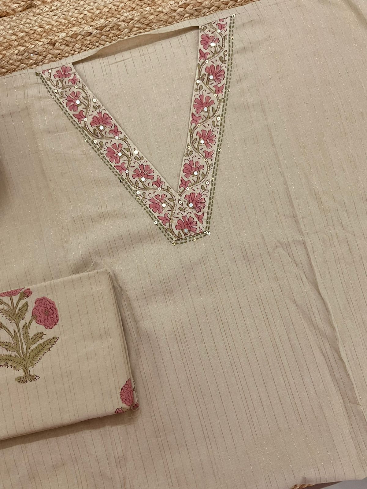 Pure Cotton Printed Embroidered Self Weaved Suit - Beige