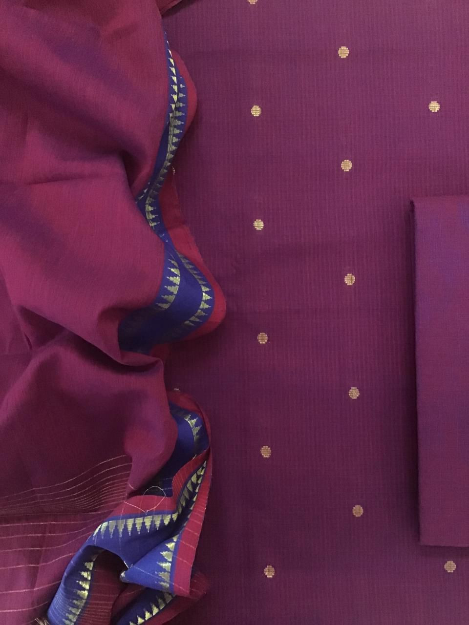 Pure Handloom Cotton Self Weaved Suit - Wine
