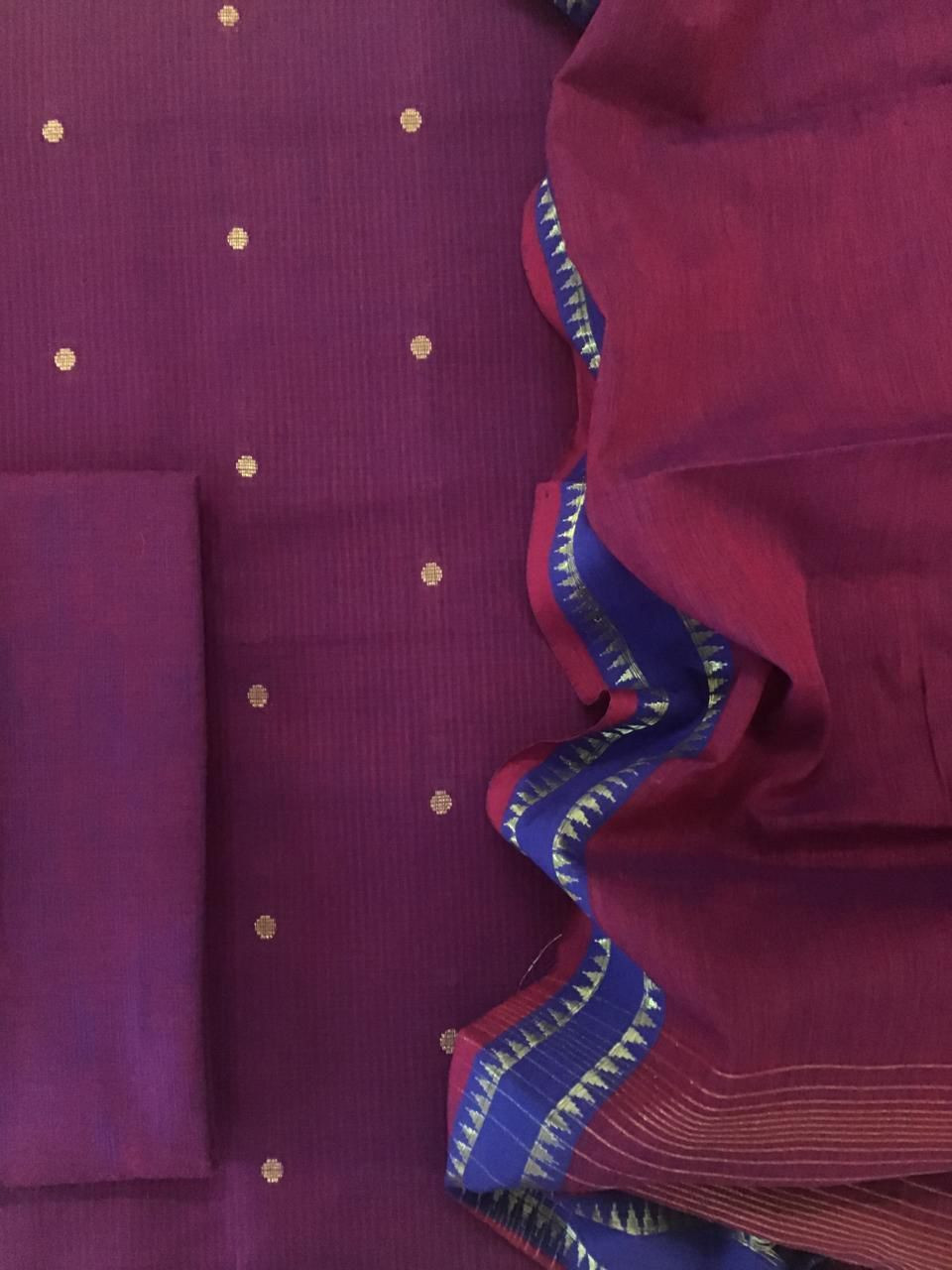 Pure Handloom Cotton Self Weaved Suit - Wine