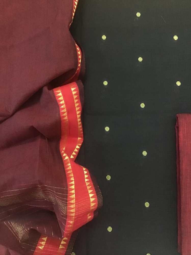 Image of Pure Handloom Cotton Self Weaved Suit - Black