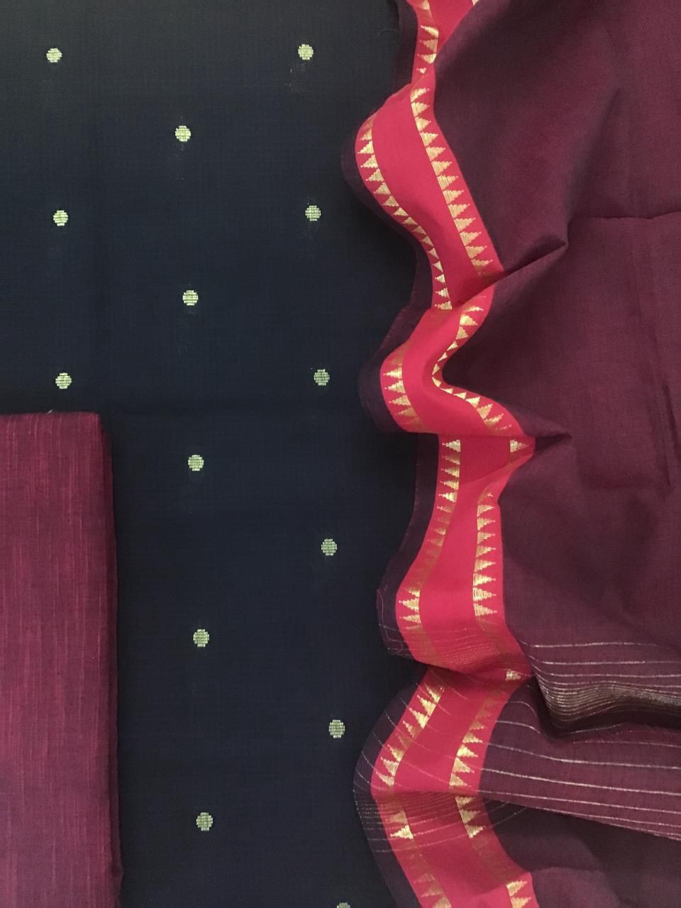 Pure Handloom Cotton Self Weaved Suit - Black