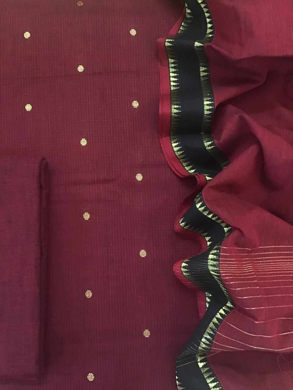 Pure Handloom Cotton Self Weaved Suit - Maroon