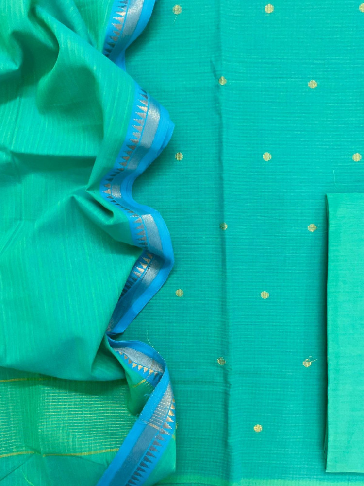 Image of Pure Handloom Cotton Self Weaved Suit - Sea Green