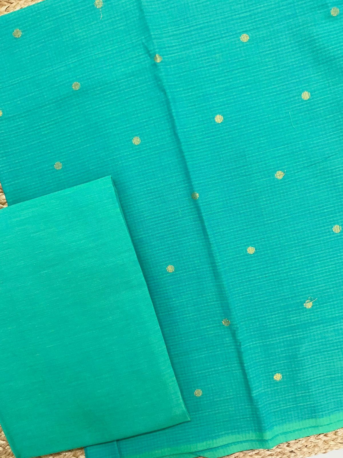 Pure Handloom Cotton Self Weaved Suit - Sea Green