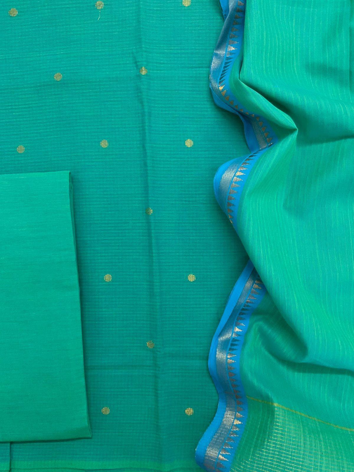 Pure Handloom Cotton Self Weaved Suit - Sea Green