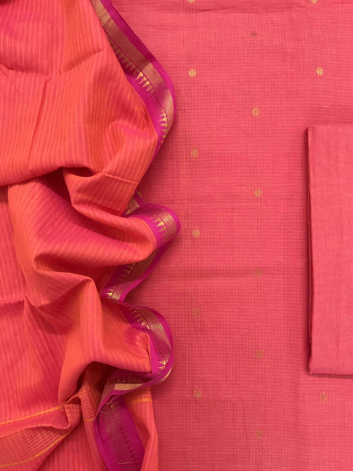 Pure Handloom Cotton Self Weaved Suit - Peach