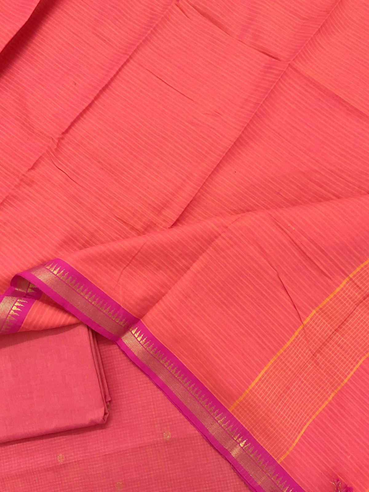 Pure Handloom Cotton Self Weaved Suit - Peach