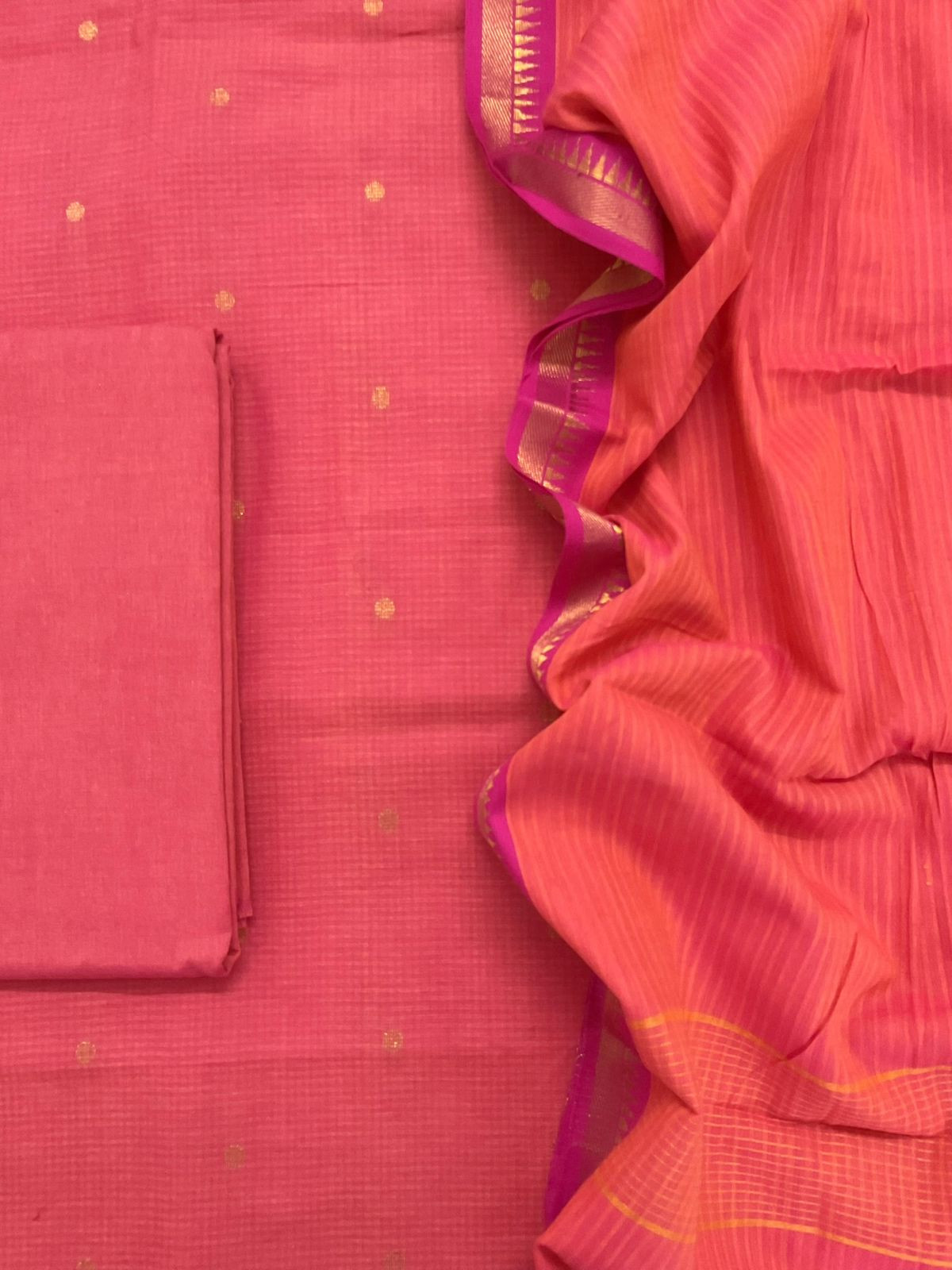 Pure Handloom Cotton Self Weaved Suit - Peach