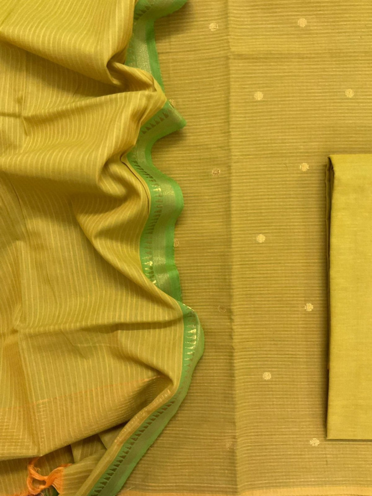 Image of Pure Handloom Cotton Self Weaved Suit - Yellow