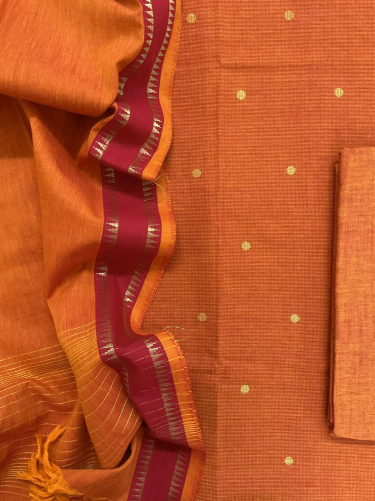 Image of Pure Handloom Cotton Self Weaved Suit - Orange