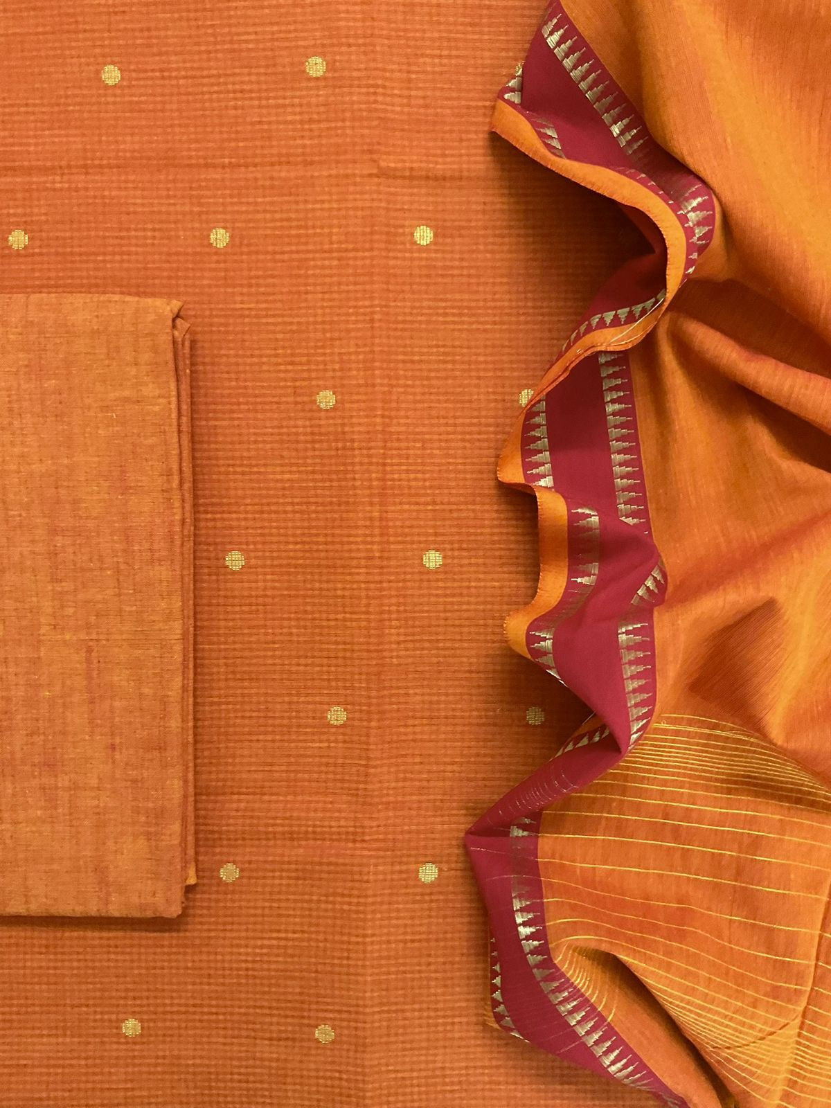Pure Handloom Cotton Self Weaved Suit - Orange