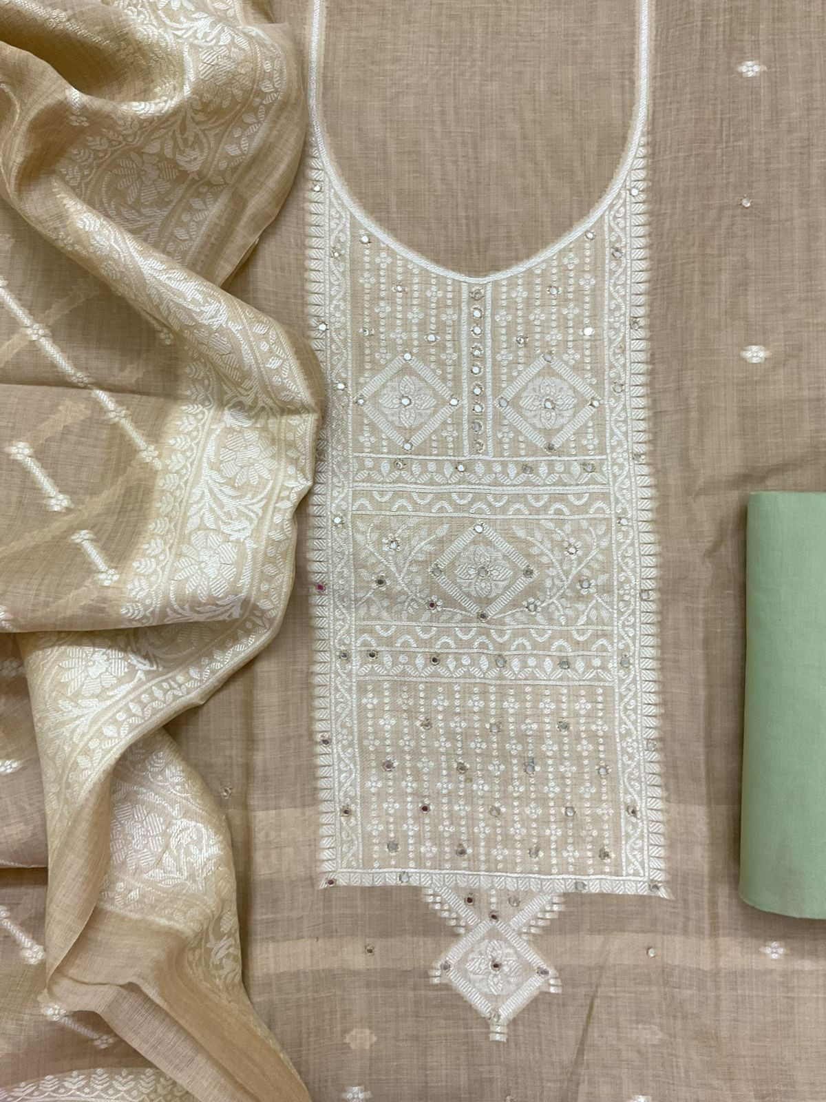 Soft Slub Chanderi Jamdani Weaved Embroidered Suit - Beige
