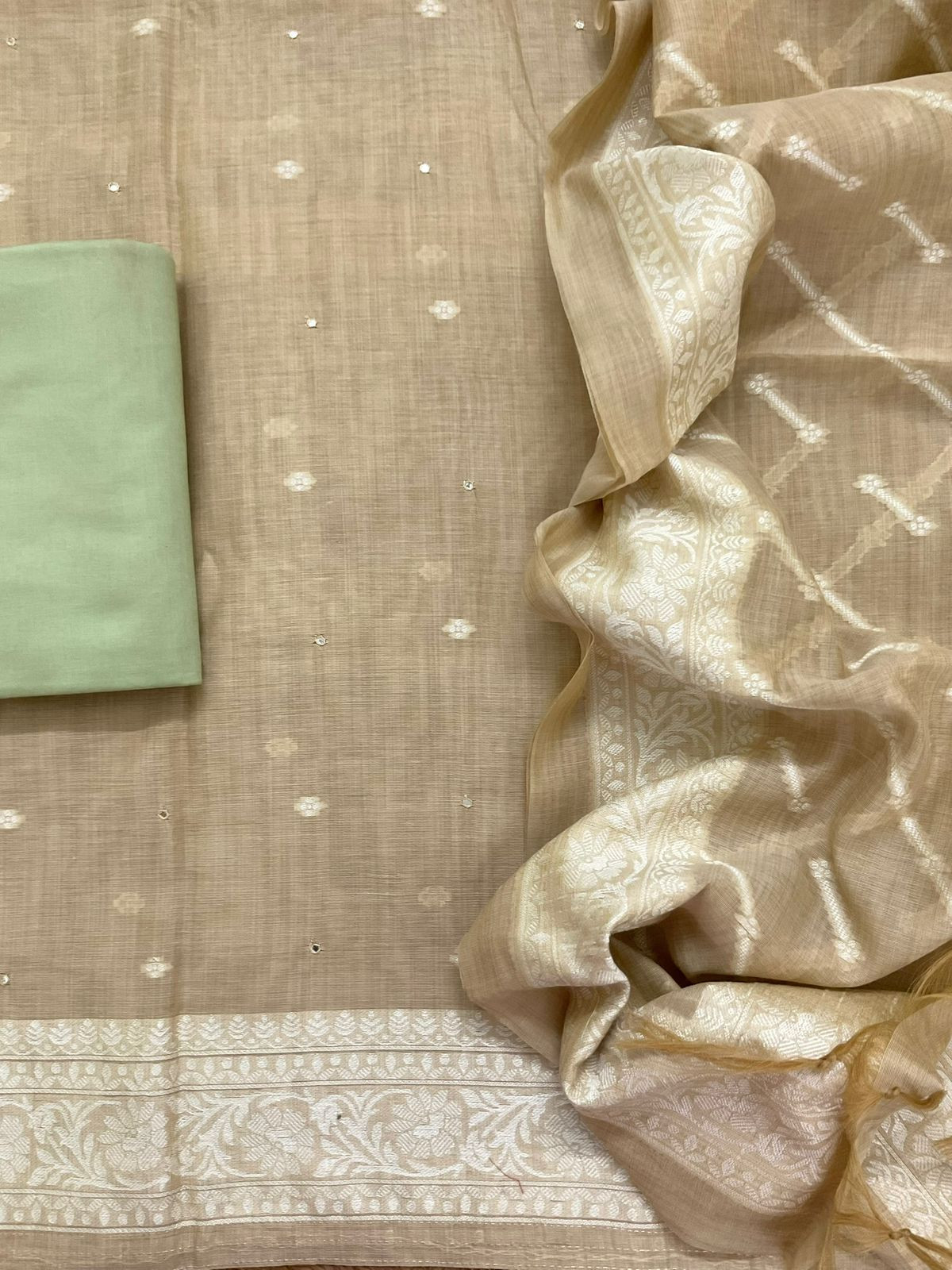 Soft Slub Chanderi Jamdani Weaved Embroidered Suit - Beige