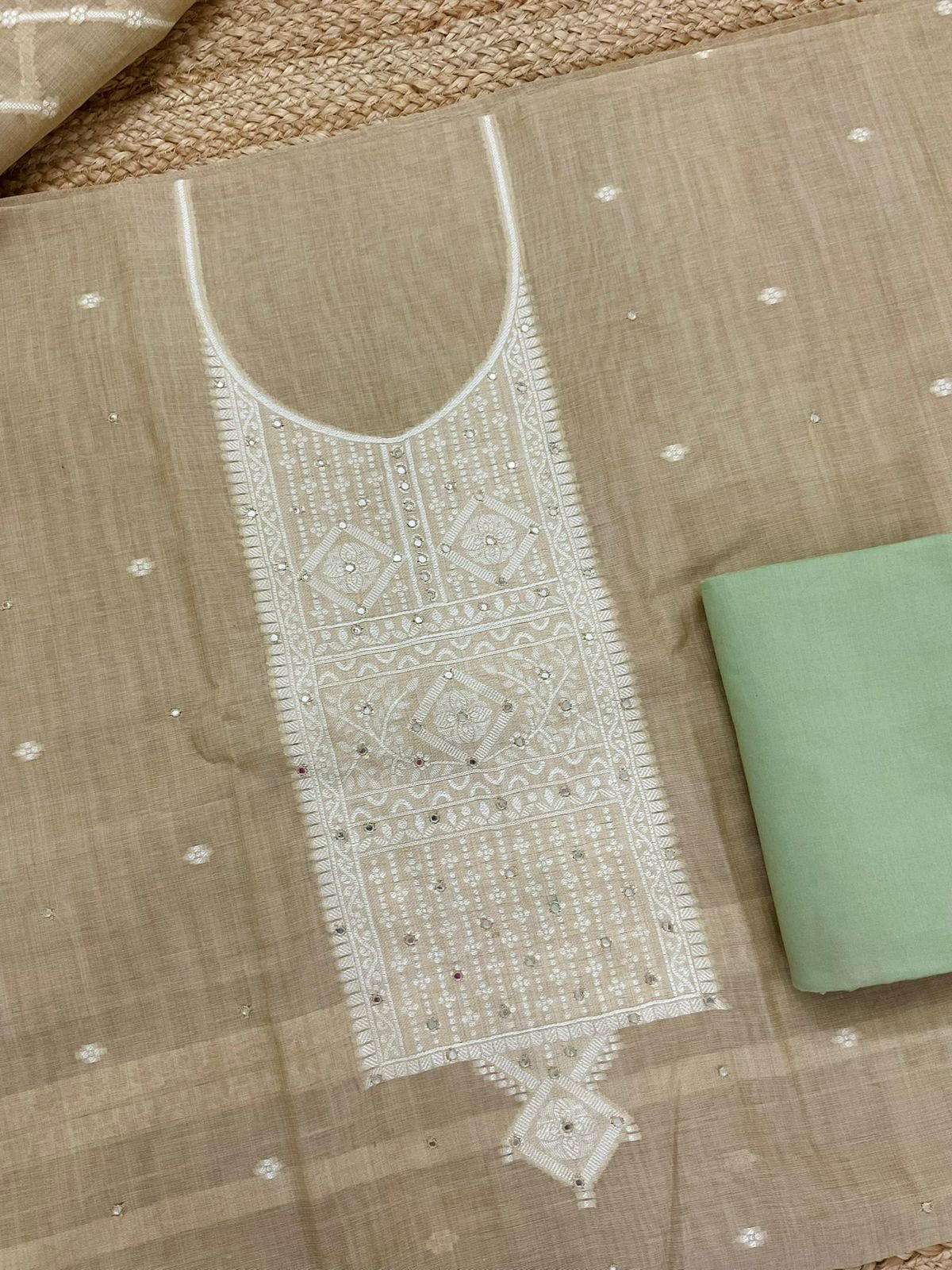 Soft Slub Chanderi Jamdani Weaved Embroidered Suit - Beige