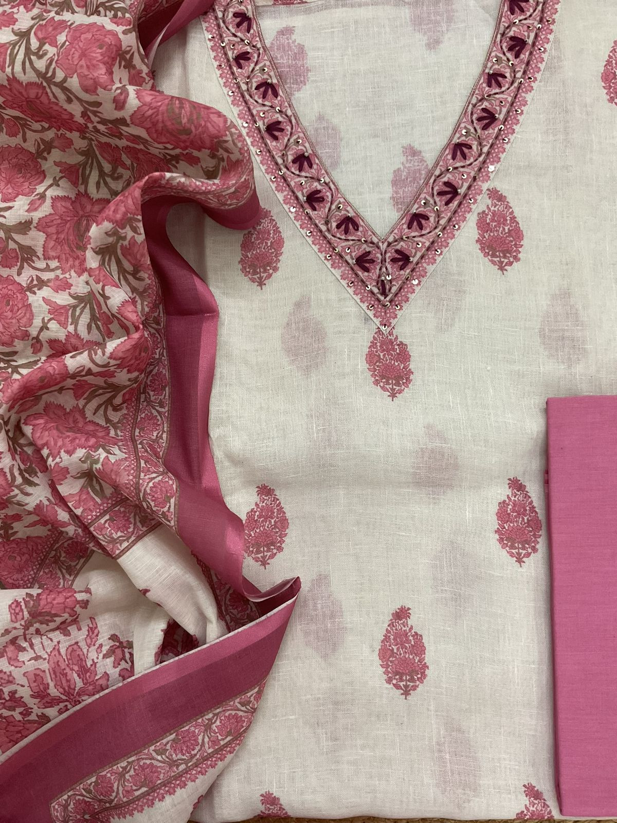 Soft Linen Jute Cotton Printed Embroidered Suit - White