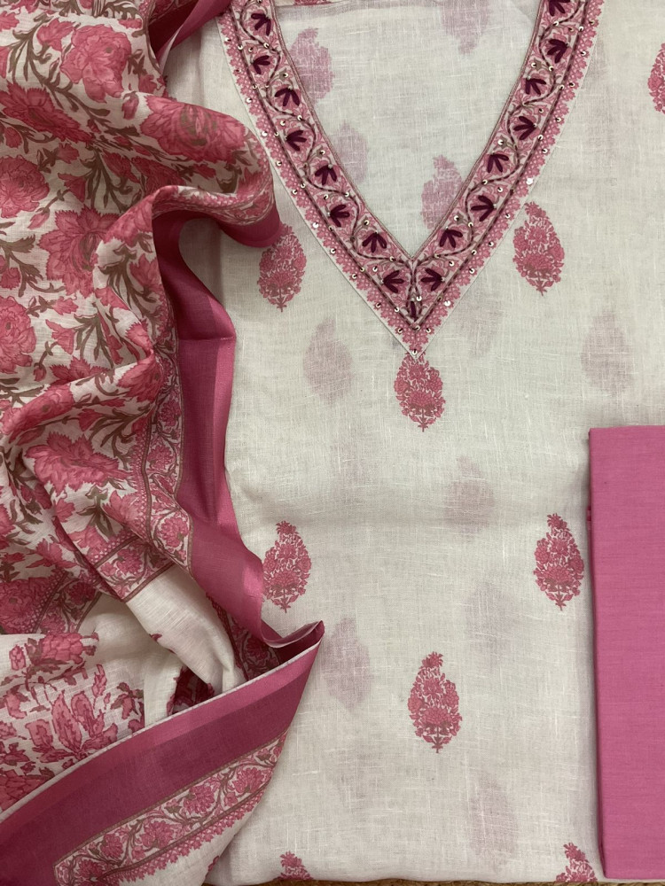Image of Soft Linen Jute Cotton Printed Embroidered Suit - White
