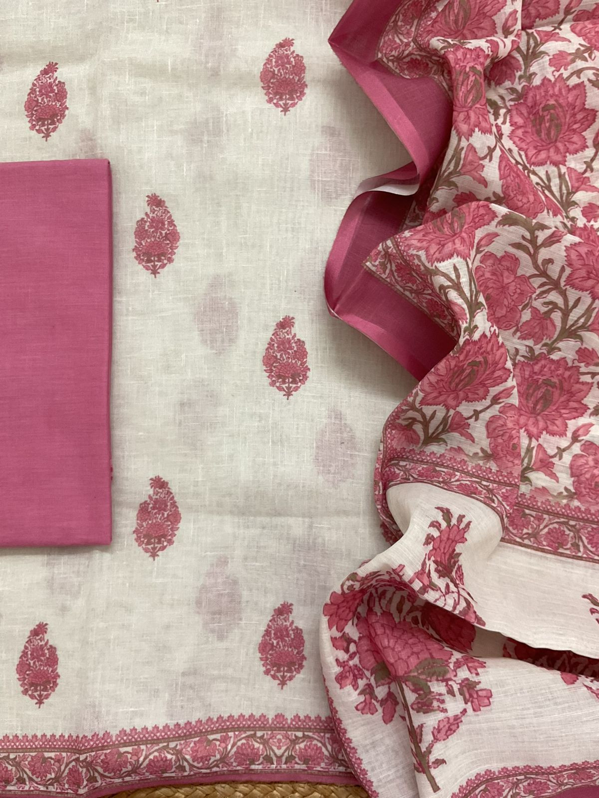 Soft Linen Jute Cotton Printed Embroidered Suit - White