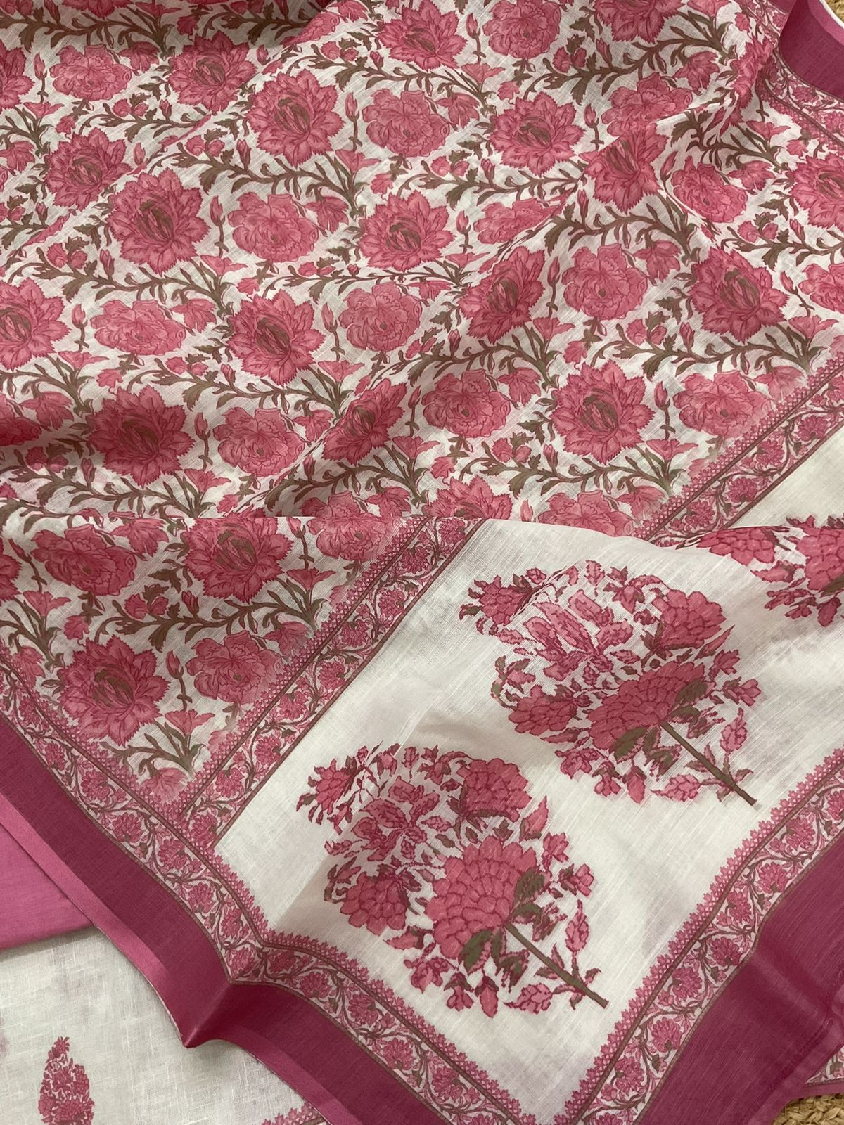 Soft Linen Jute Cotton Printed Embroidered Suit - White