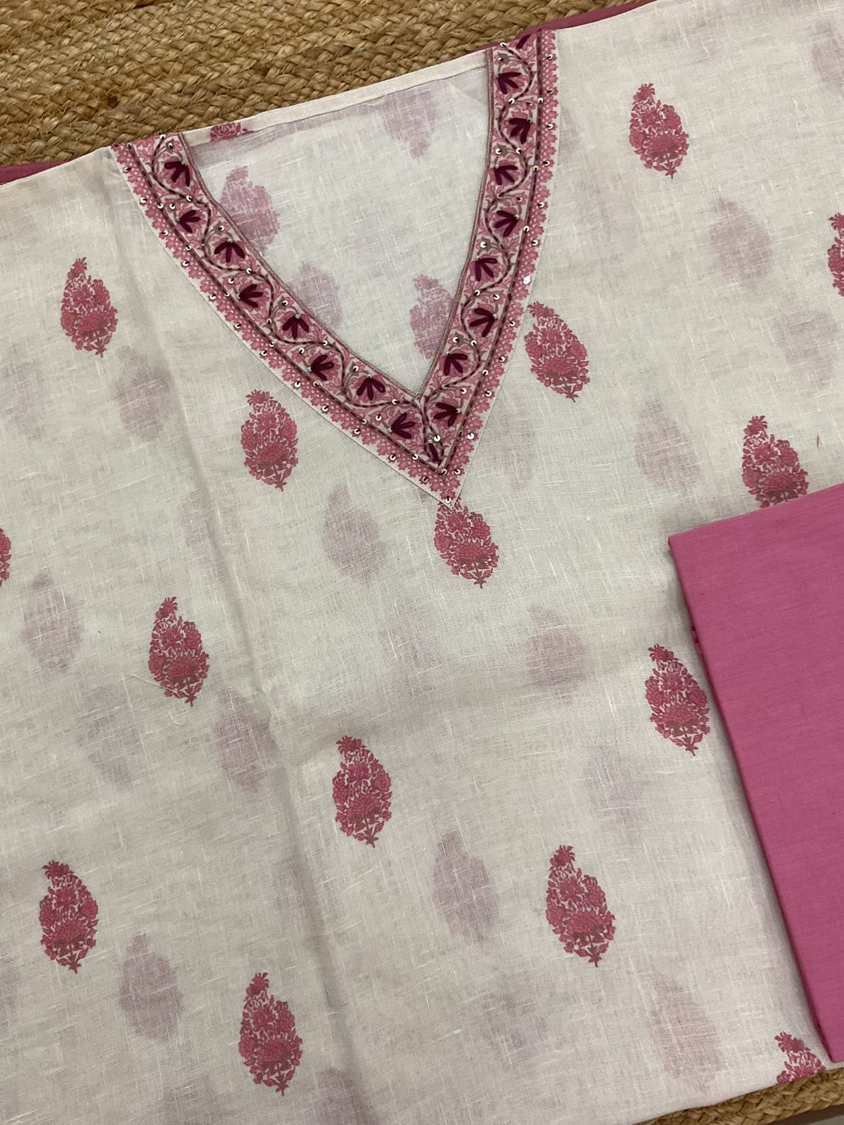 Soft Linen Jute Cotton Printed Embroidered Suit - White