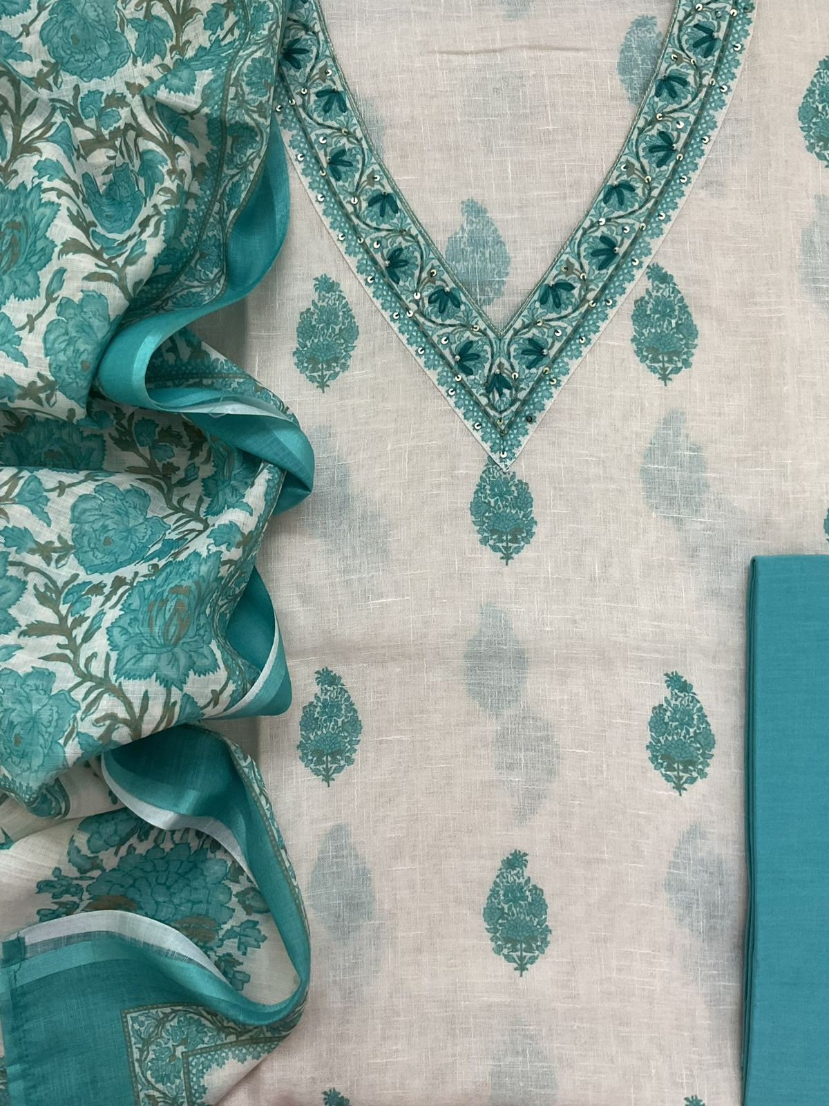 Soft Linen Jute Cotton Printed Embroidered Suit - White