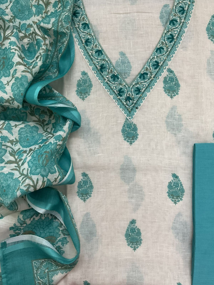 Image of Soft Linen Jute Cotton Printed Embroidered Suit - White