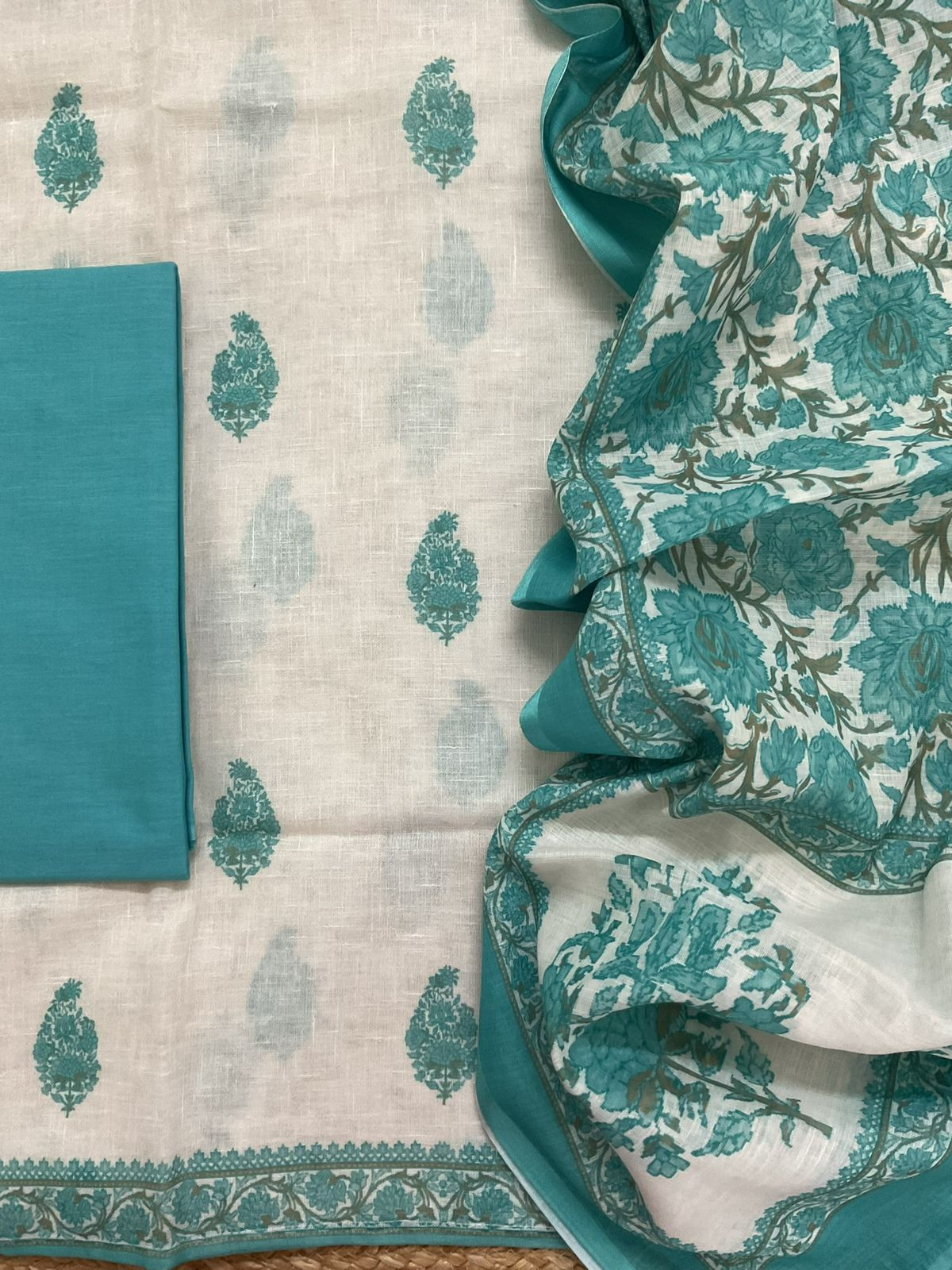 Soft Linen Jute Cotton Printed Embroidered Suit - White