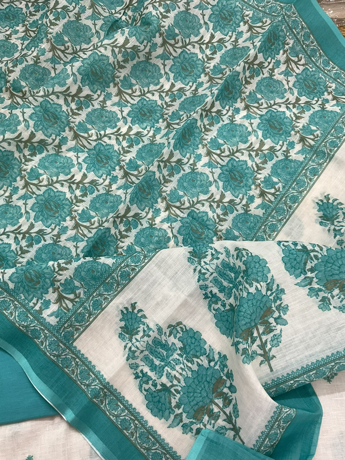 Soft Linen Jute Cotton Printed Embroidered Suit - White