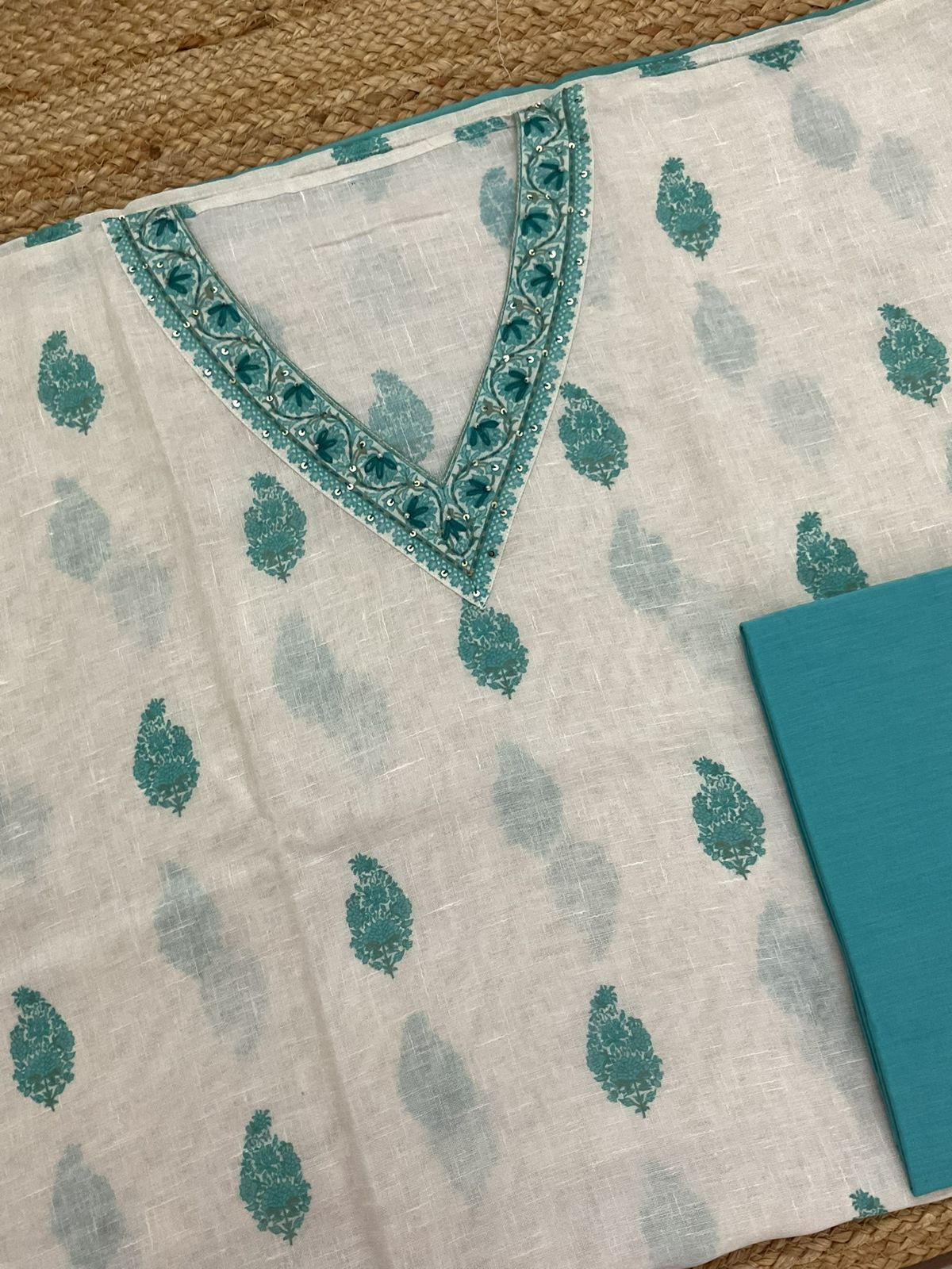 Soft Linen Jute Cotton Printed Embroidered Suit - White