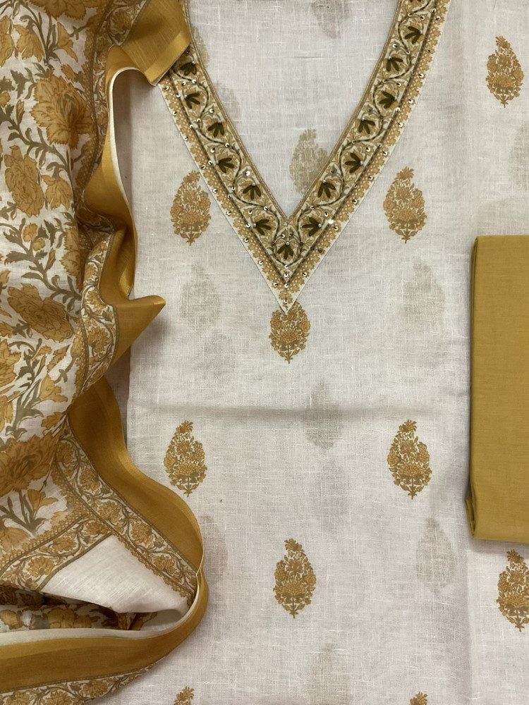 Image of Soft Linen Jute Cotton Printed Embroidered Suit - White