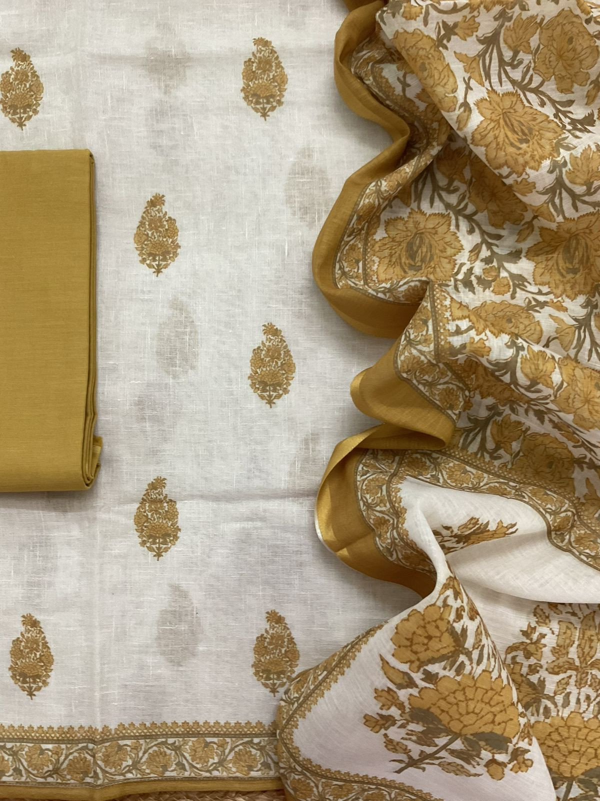 Soft Linen Jute Cotton Printed Embroidered Suit - White