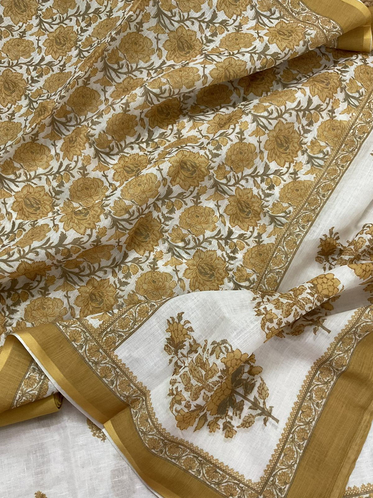 Soft Linen Jute Cotton Printed Embroidered Suit - White