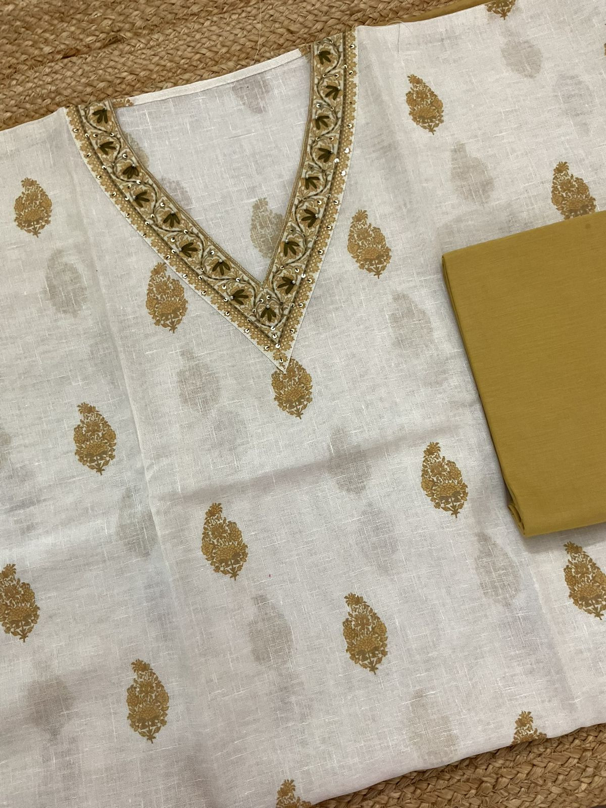 Soft Linen Jute Cotton Printed Embroidered Suit - White