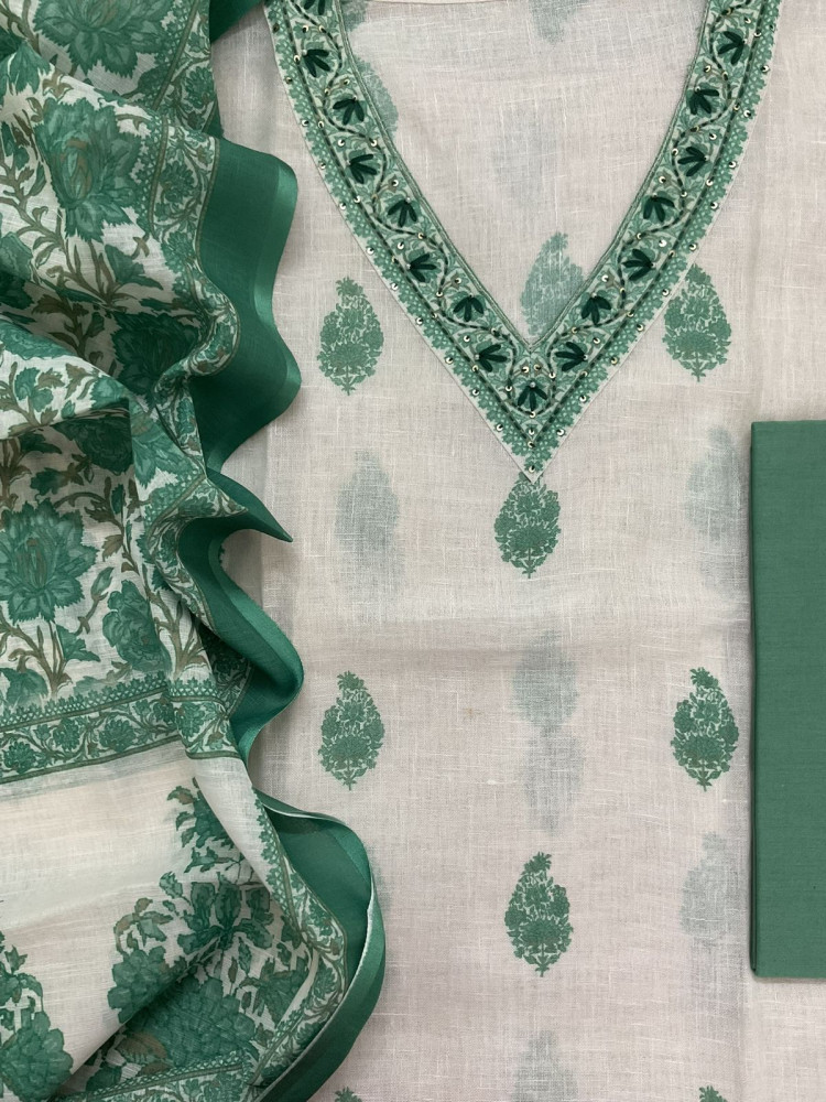 Image of Soft Linen Jute Cotton Printed Embroidered Suit - White