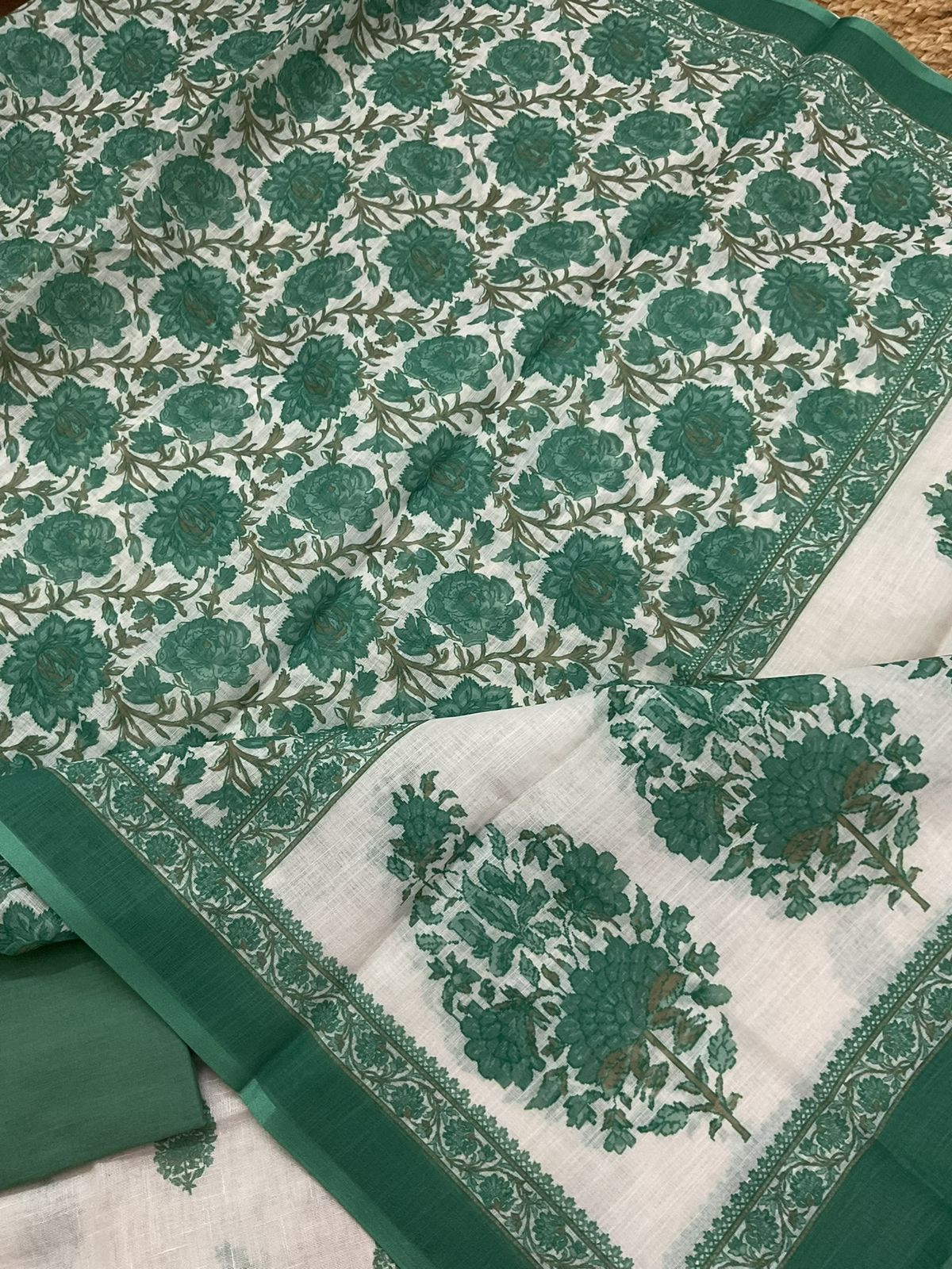 Soft Linen Jute Cotton Printed Embroidered Suit - White