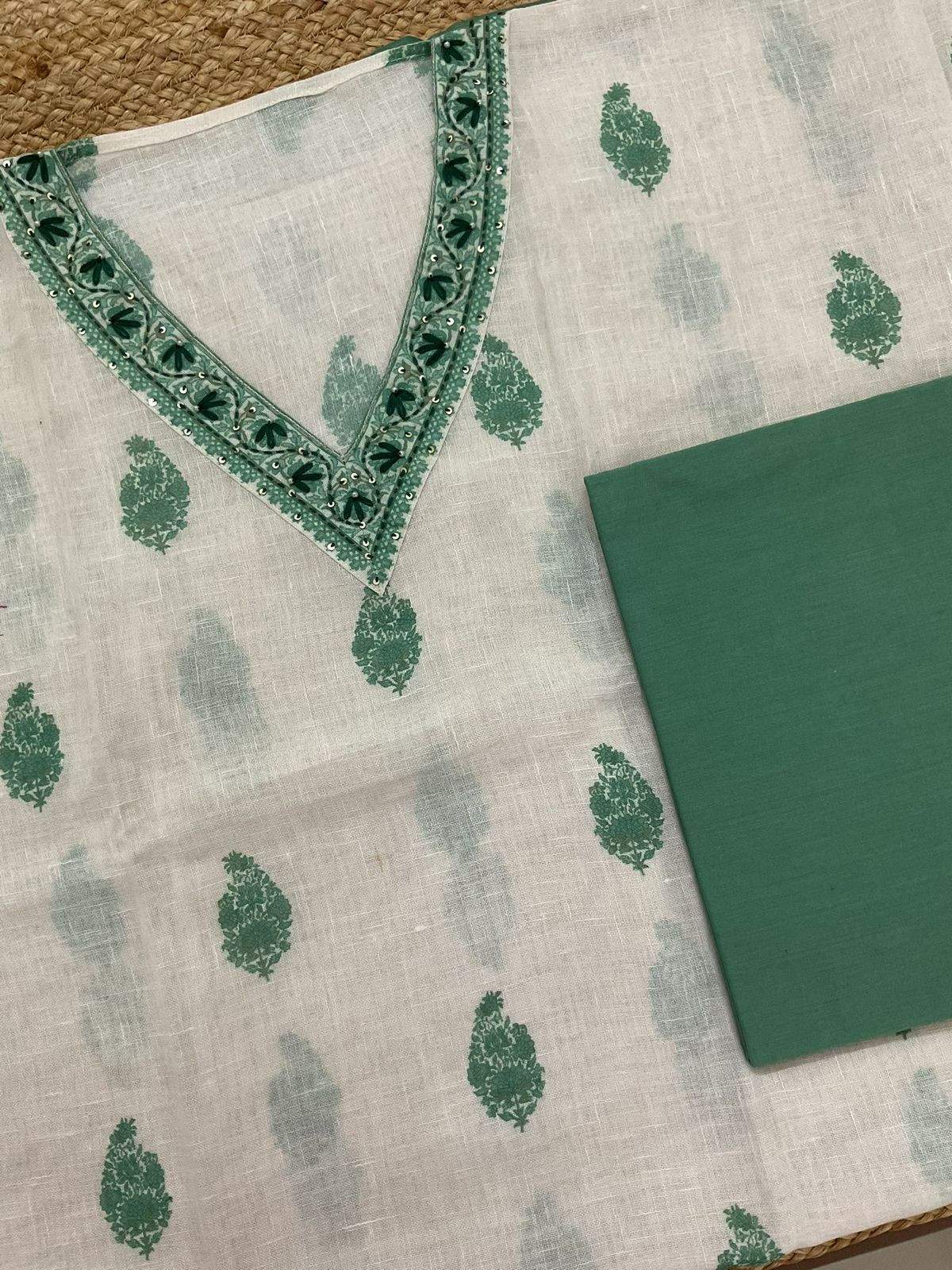 Soft Linen Jute Cotton Printed Embroidered Suit - White