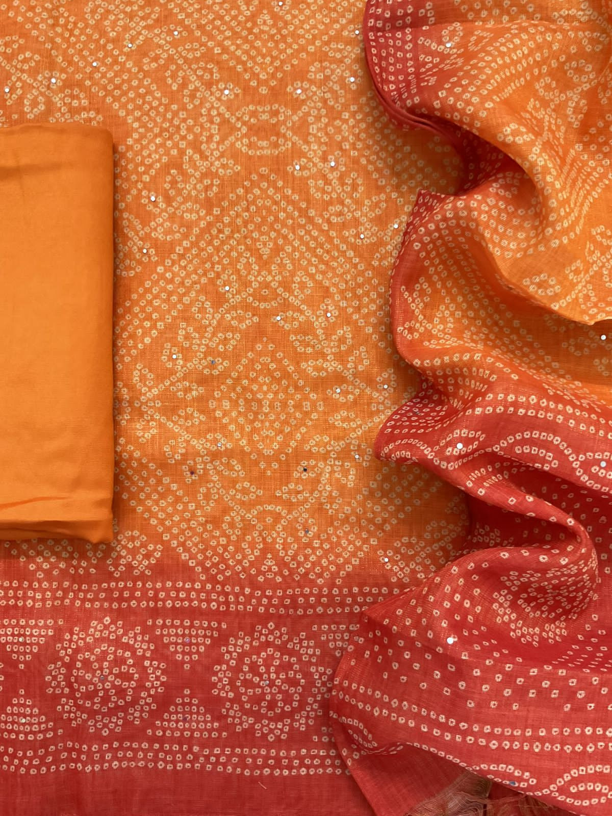 Soft Tissue Slub Cotton Printed Embroidered Suit - Orange