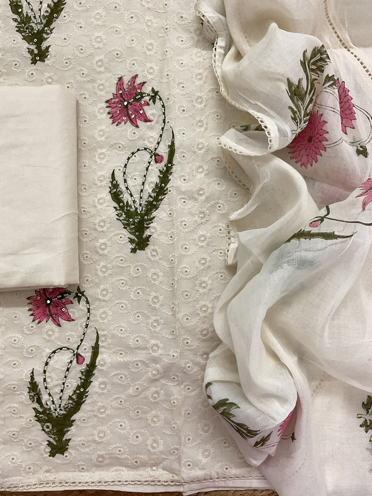 Pure Hakoba Cotton Printed Embroidered Suit - Off White