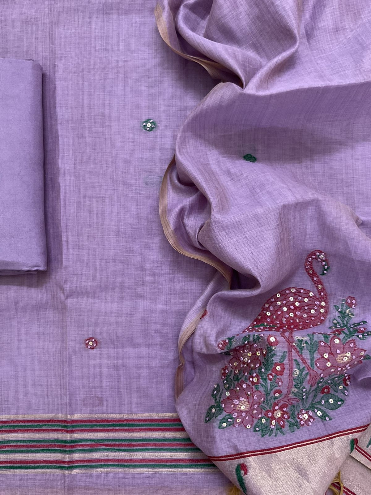 Soft Slub Chanderi Jamdani Weaved Embroidered Suit - Purple