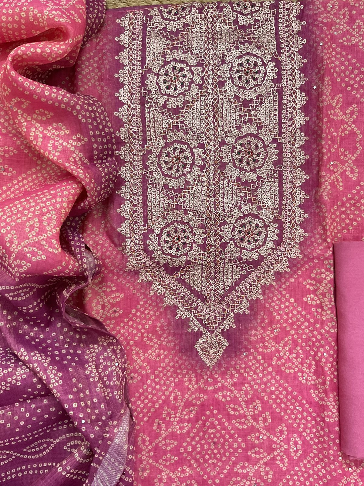 Soft Tissue Slub Cotton Printed Embroidered Suit - Pink