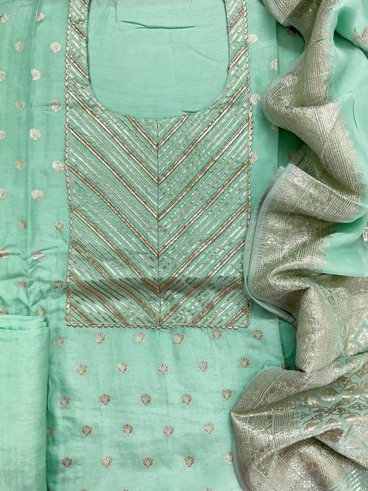 Pure Upada Silk Banarasi Weaved Embroidered Suit - Sea Green