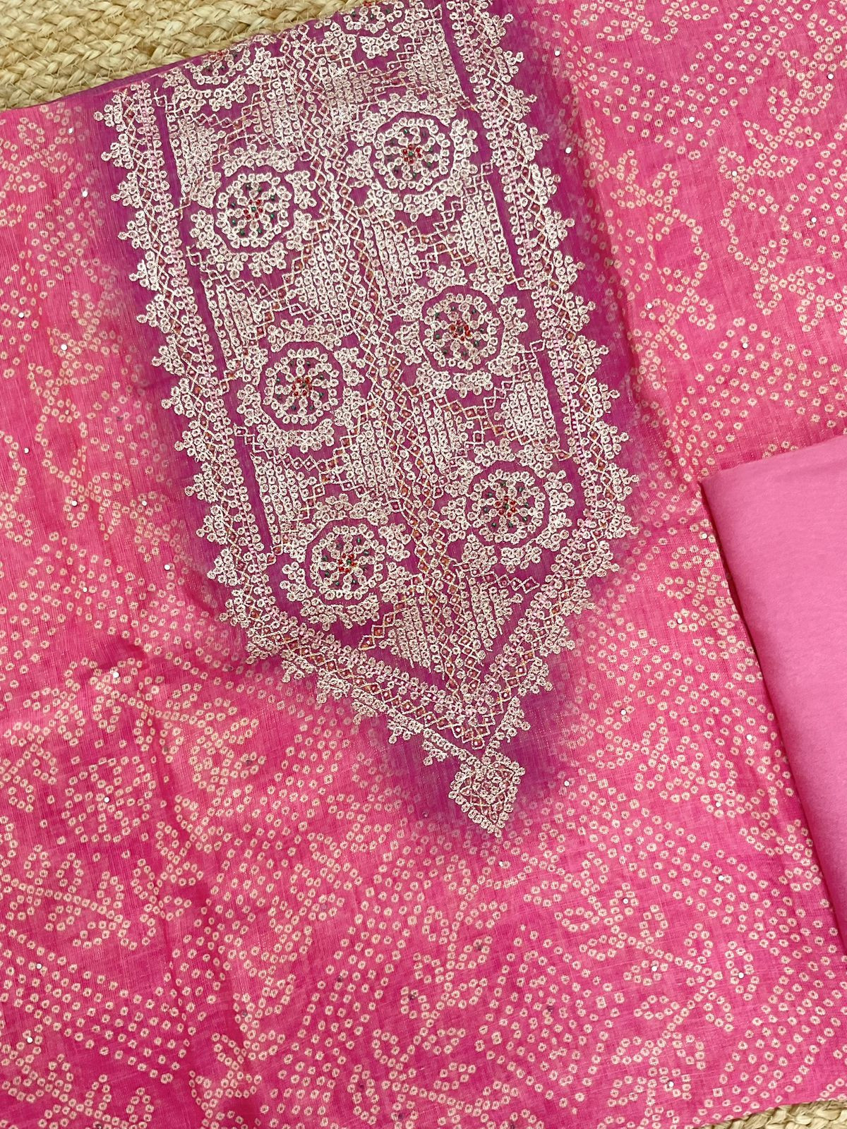 Soft Tissue Slub Cotton Printed Embroidered Suit - Pink