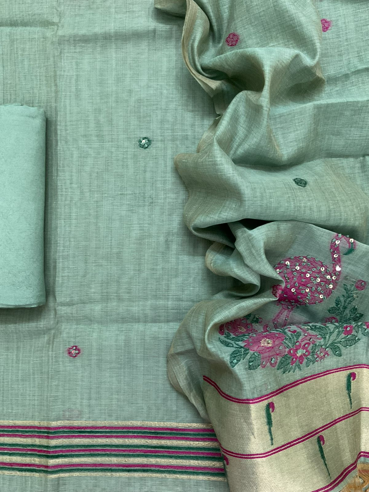 Soft Slub Chanderi Jamdani Weaved Embroidered Suit - Sea Blue