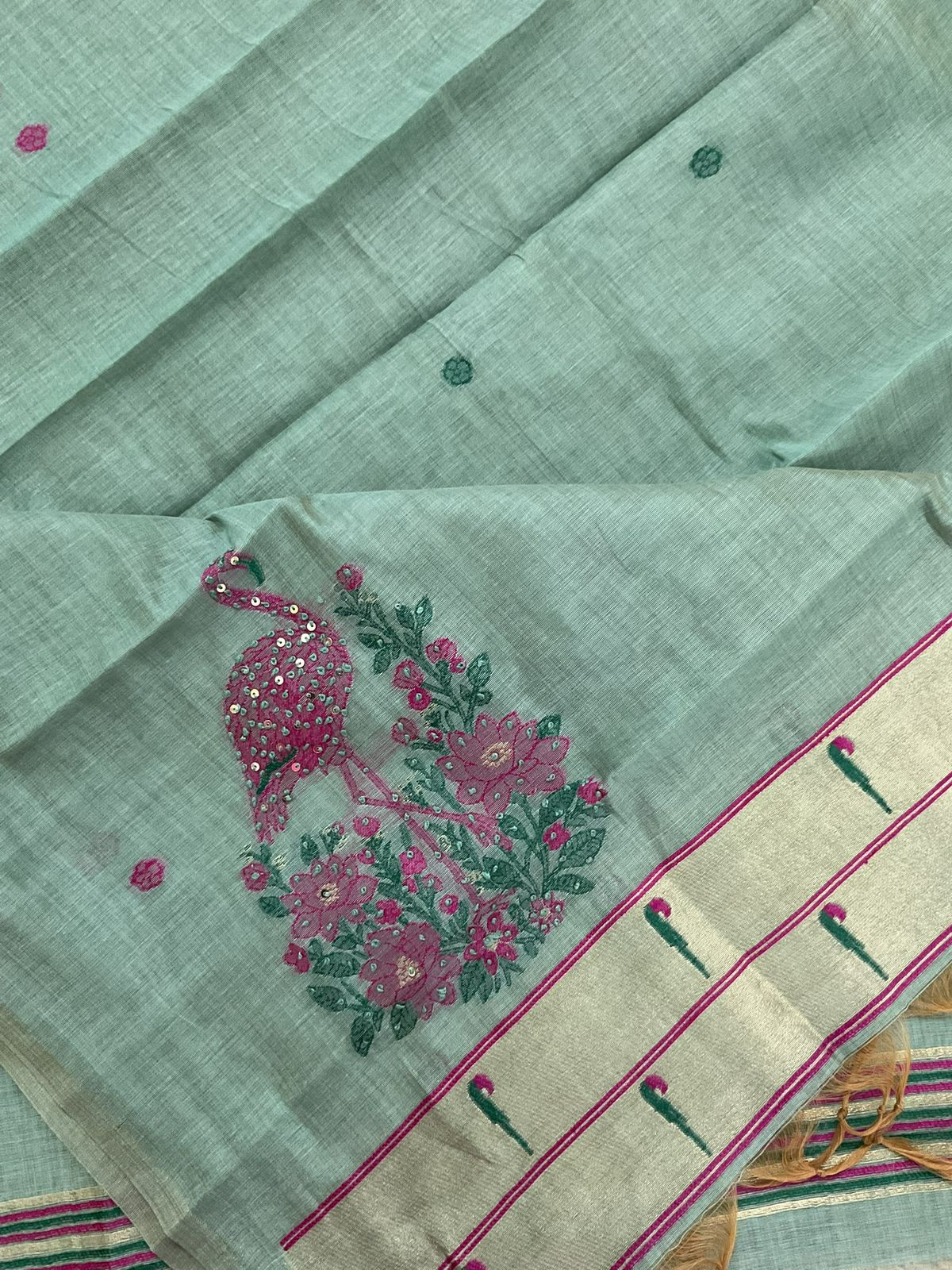 Soft Slub Chanderi Jamdani Weaved Embroidered Suit - Sea Blue