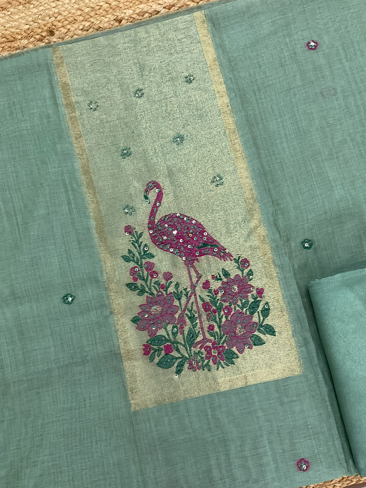 Soft Slub Chanderi Jamdani Weaved Embroidered Suit - Sea Blue